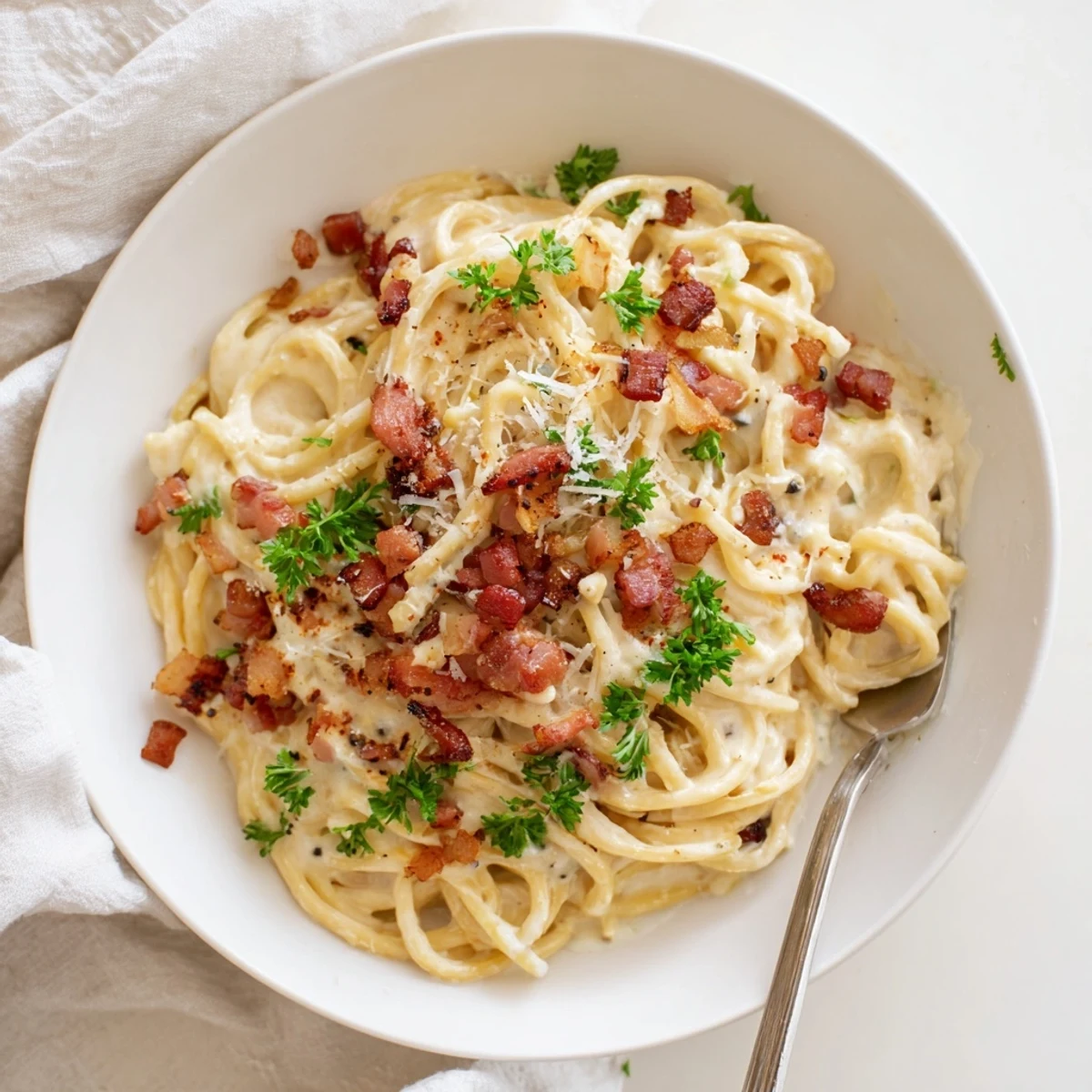 Creamy ramen carbonara with crispy bacon and silky egg-parmesan sauce in a bowl