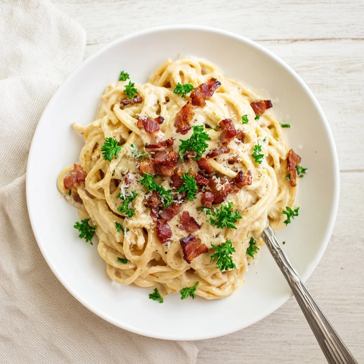 Fusion ramen carbonara dish featuring instant noodles in creamy egg sauce with bacon garnish