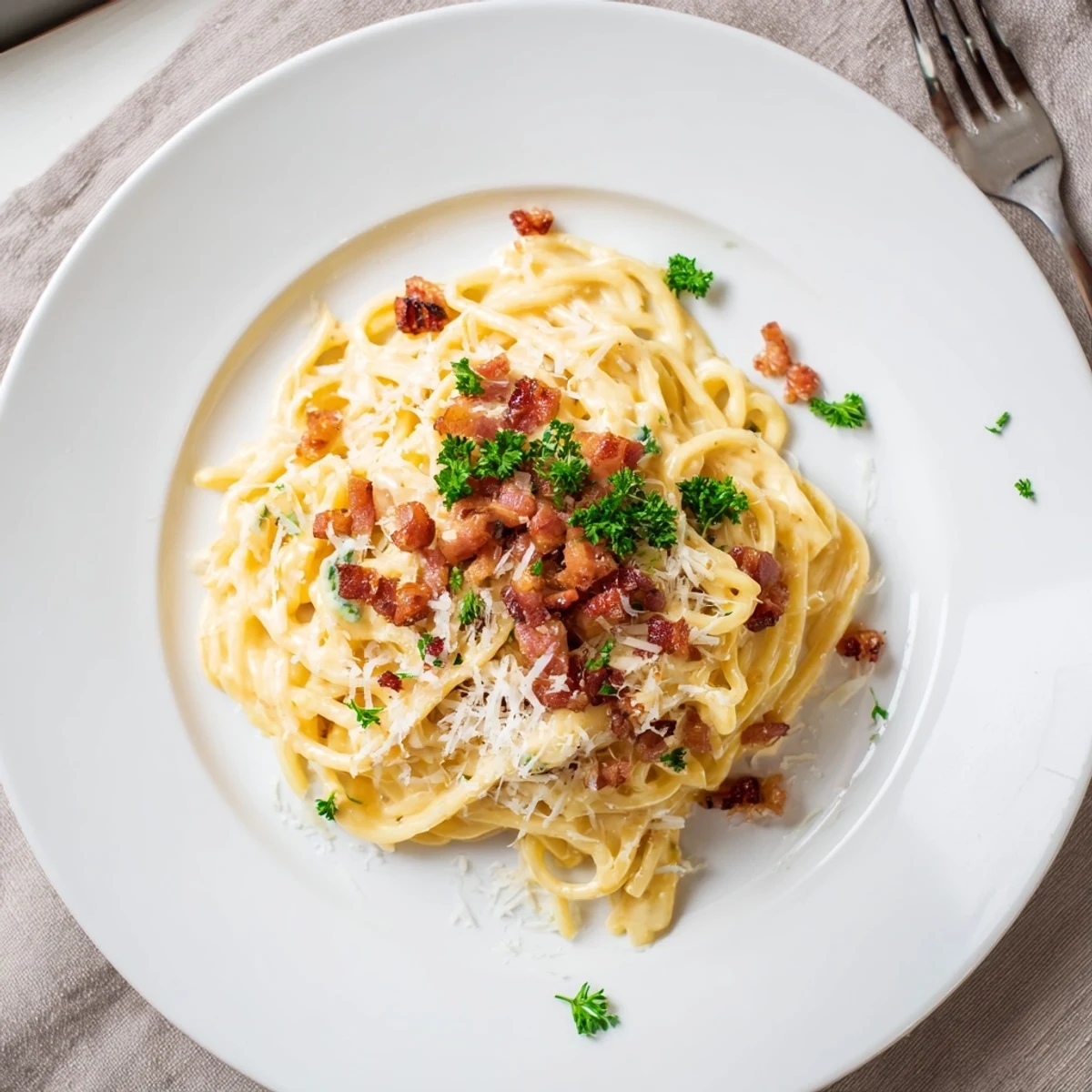 Twisted ramen carbonara noodles tossed with rich Italian carbonara sauce topped with crispy pancetta