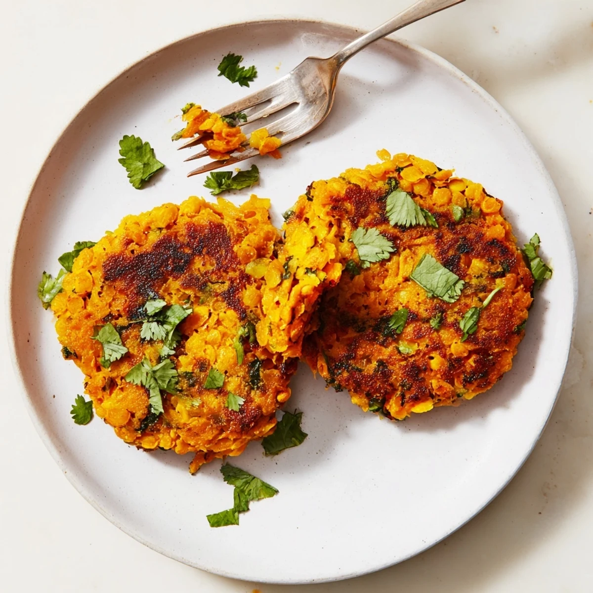 Hearty vegetarian sweet potato patties plated with yogurt dip and garnished with cilantro leaves