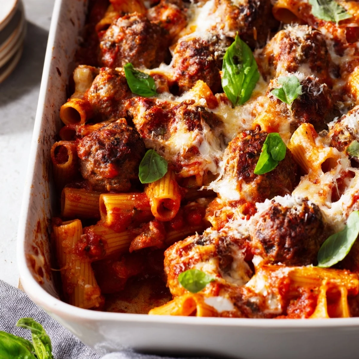 Golden melted mozzarella blankets tender beef meatballs nestled over pasta in Italian meatball pasta bake