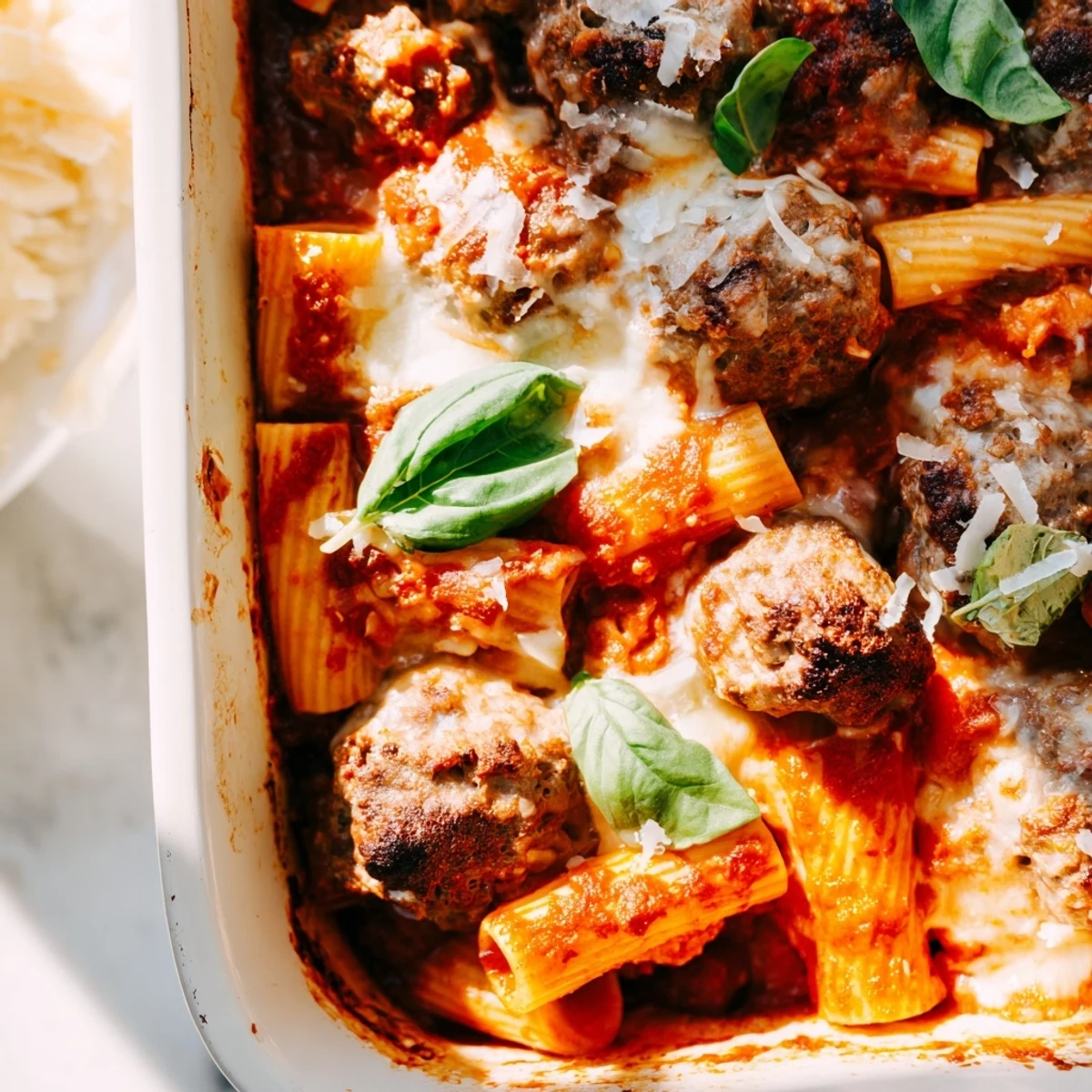 Bubbling tomato sauce coats al dente rigatoni and browned meatballs in this comforting Italian meatball pasta bake