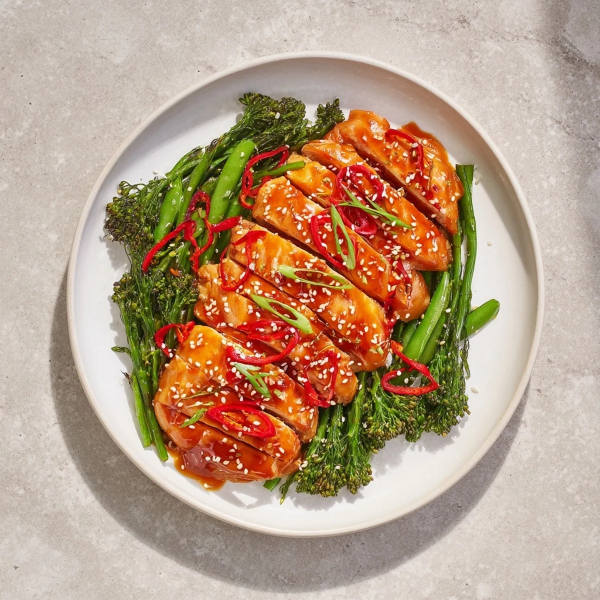 Succulent orange chicken pieces coated in sweet tangy glaze served over crisp tender greens with fresh red chili