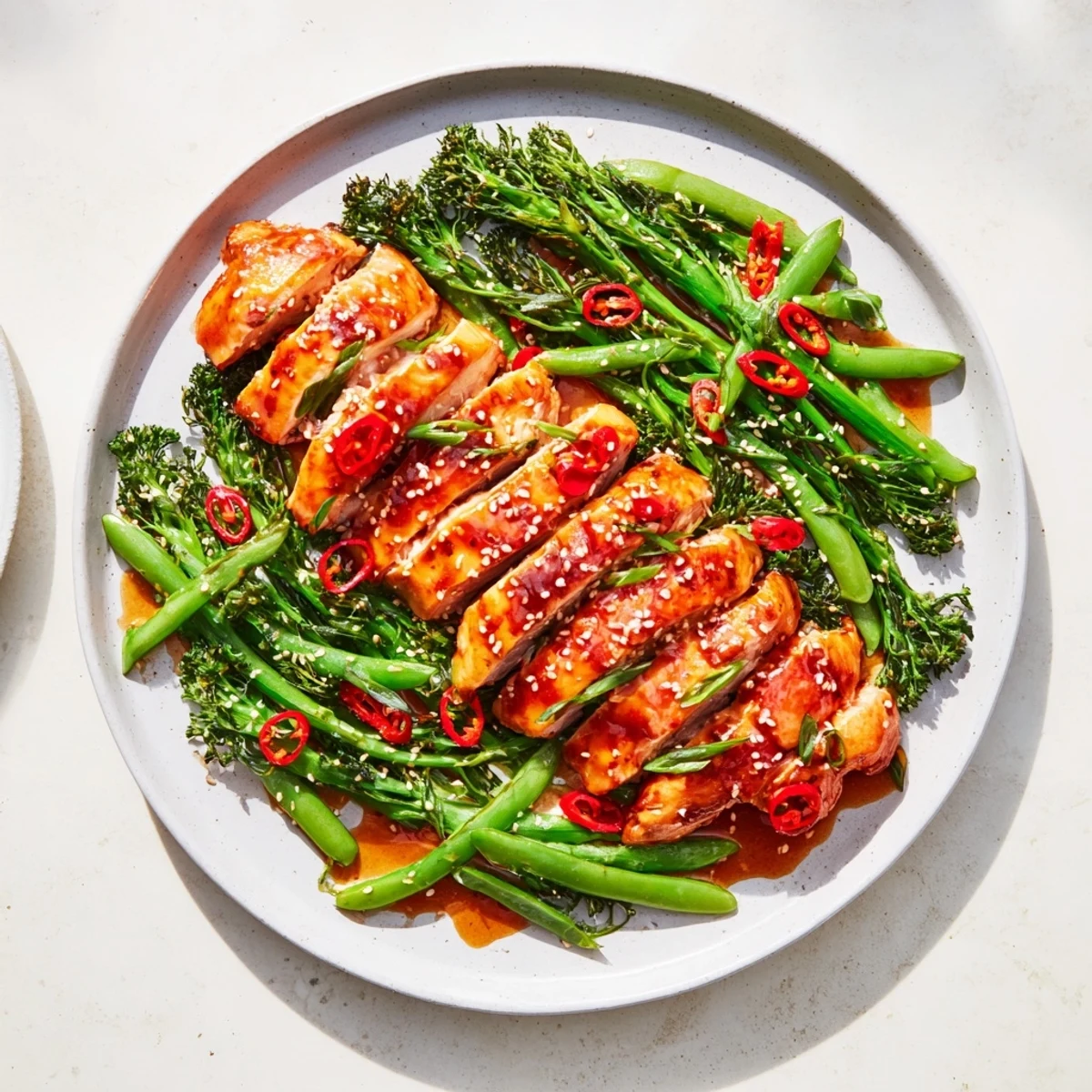 Golden chicken thighs glazed in thick sticky orange sauce atop vibrant stir-fried chili-spiked broccoli and snap peas