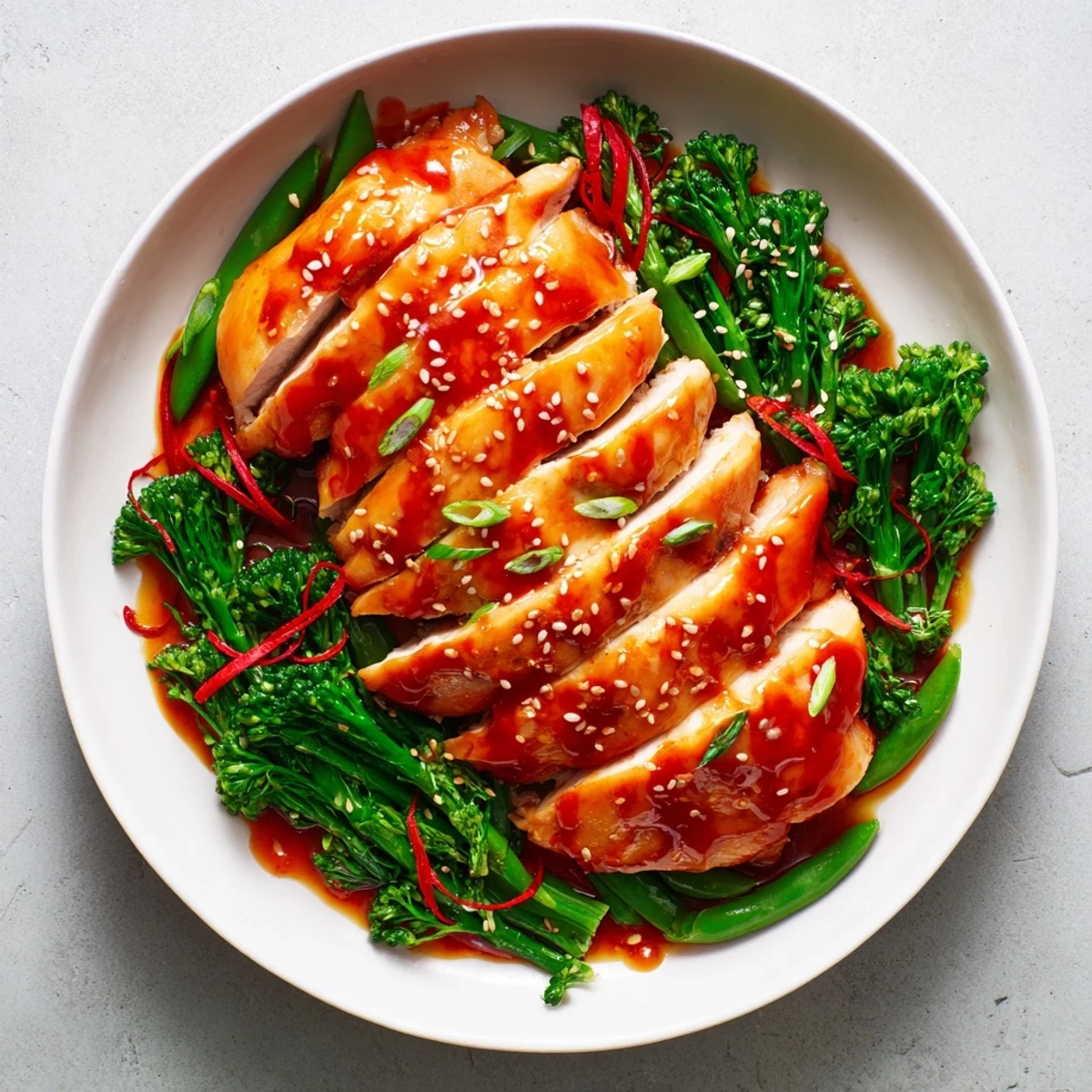Plate of sticky orange chicken with honey glazed skin arranged beside zesty chilli vegetables and scattered sesame seeds