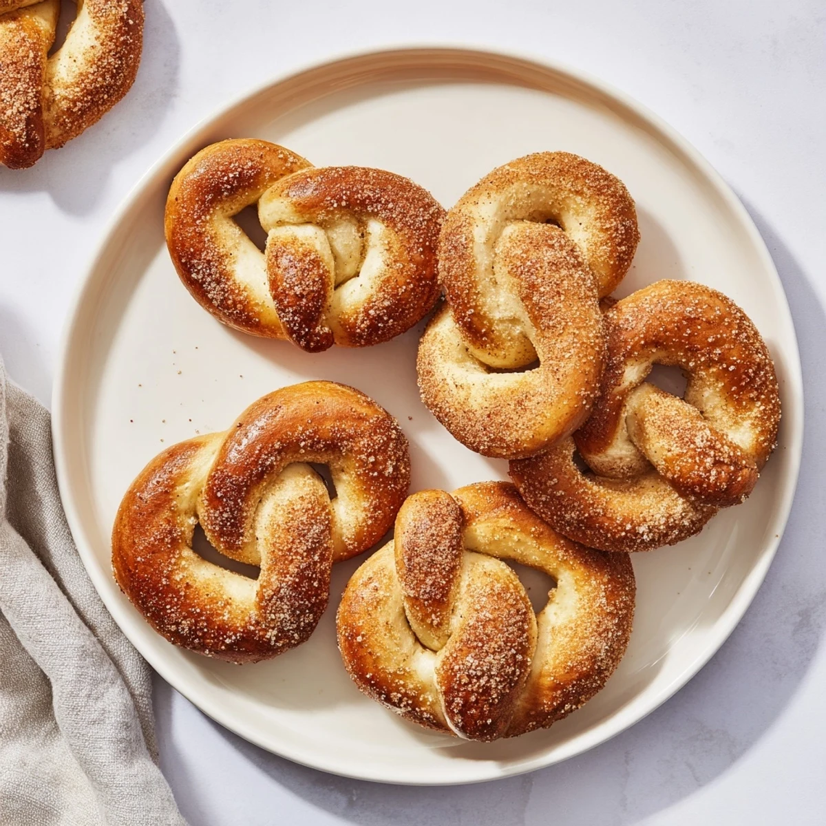 Golden brown cinnamon sugar soft pretzels brushed with melted butter and coated in sweet spiced sugar