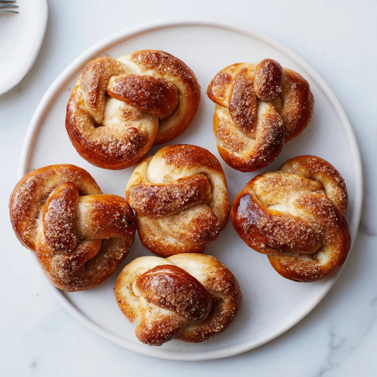 Warm cinnamon sugar soft pretzels arranged on baking sheet with buttery cinnamon sugar dusting visible