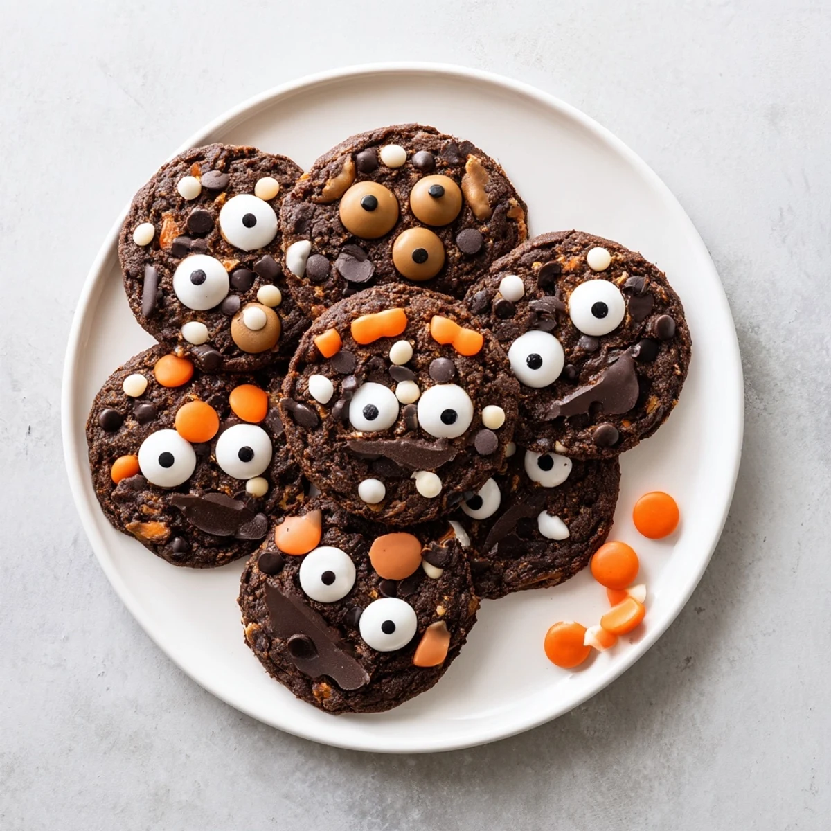 Chocolate orange freaky face cookies decorated with candy eyeballs and colorful sprinkles on a white plate