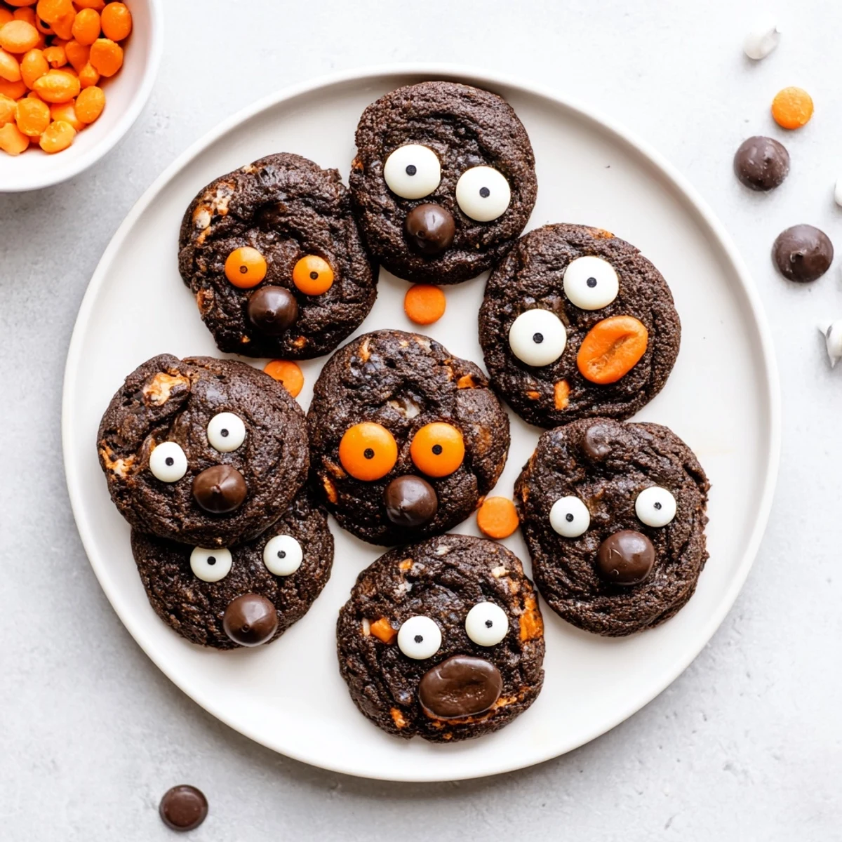 Rich cocoa chocolate orange freaky face cookies topped with googly eyes and bright orange zest