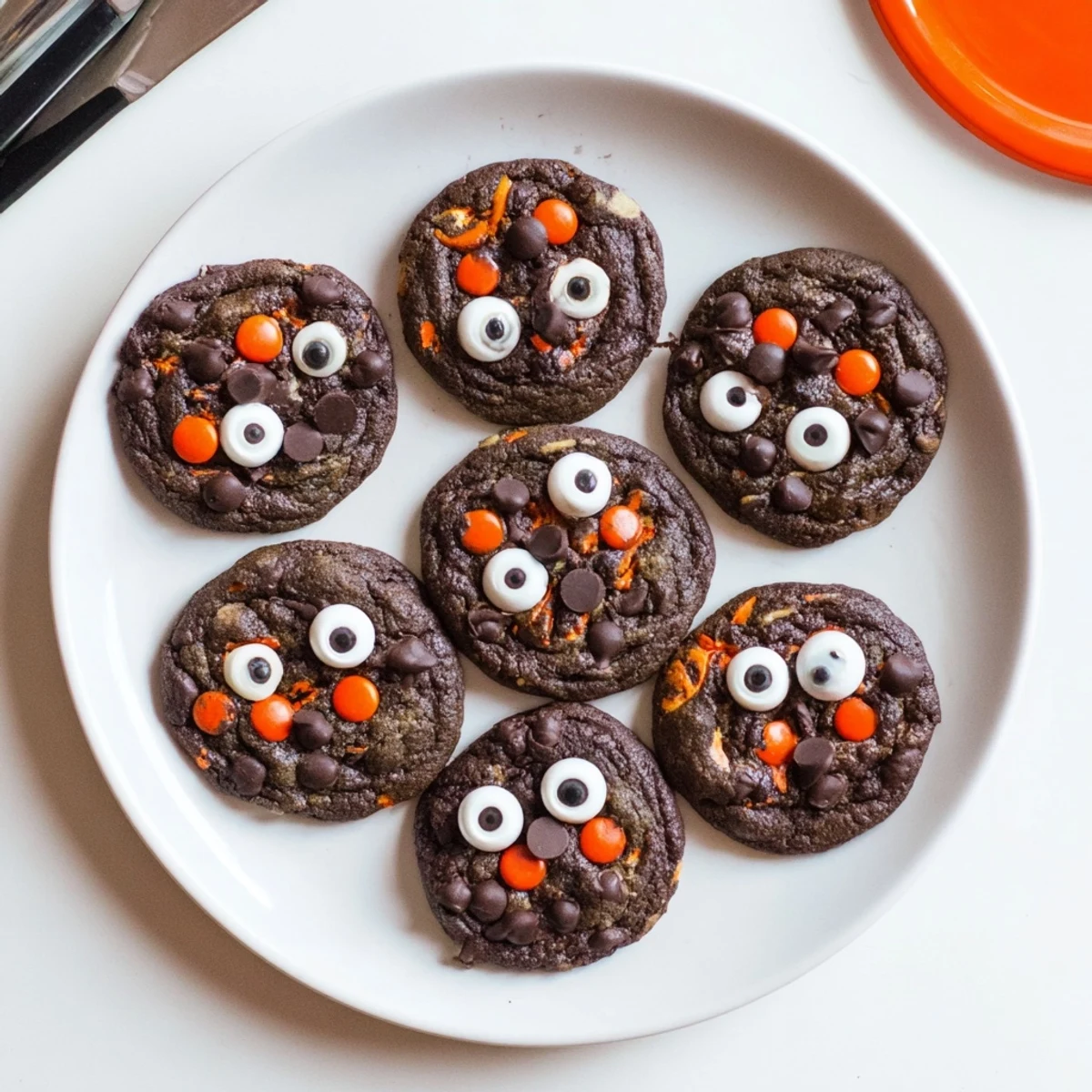 Spooky Halloween chocolate orange freaky face cookies with playful faces and melted chocolate drizzle details