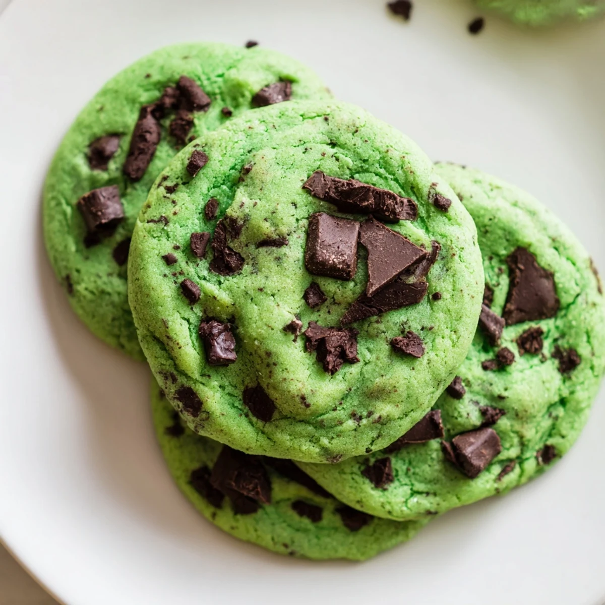 Soft green mint chocolate chip cookies fresh from the oven with melted chocolate chunks