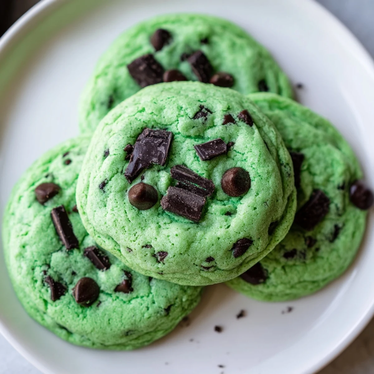 Chewy green cookies stacked on a wooden board topped with dark chocolate chips