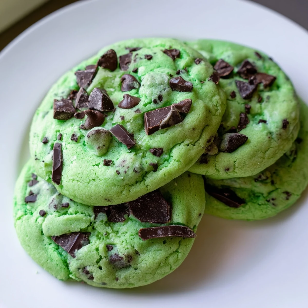 Close up of vibrant green mint cookies loaded with chocolate chips on white plate