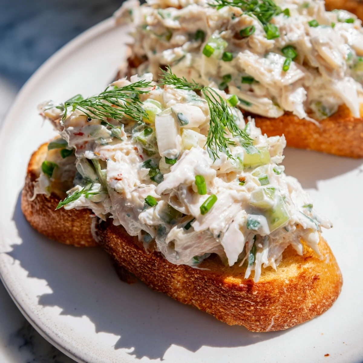 Crispy buttered toast topped with lump crab mixture and garnished with herbs