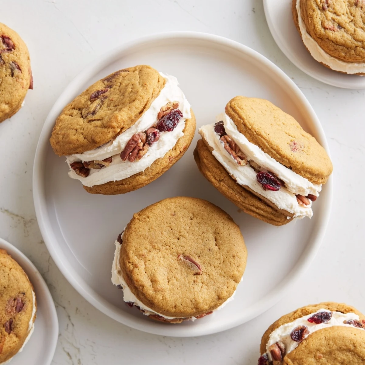 Golden cranberry pecan sandwich cookies with creamy white frosting stacked on a white plate
