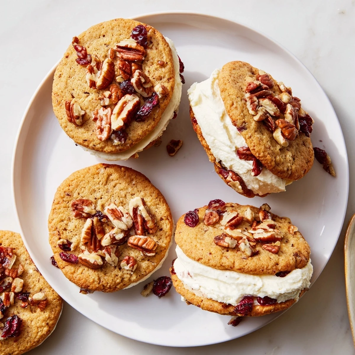 Close-up of filled sandwich cookies showcasing chunky pecans and tart cranberries in the dough