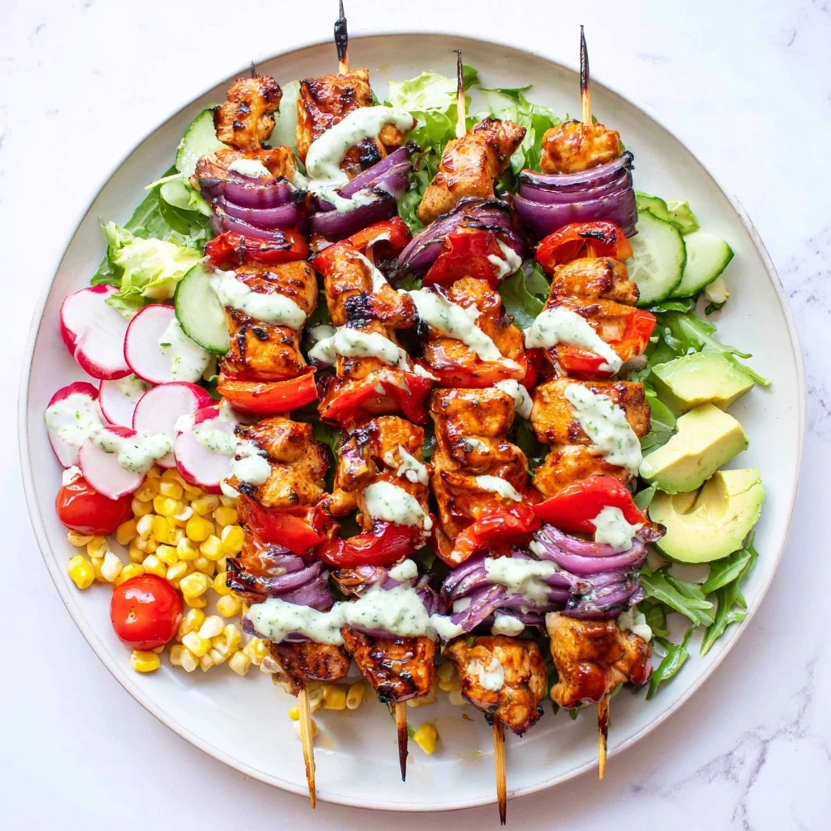 Golden BBQ chicken skewers rest atop crisp mixed greens with colorful vegetables and creamy herby ranch dressing