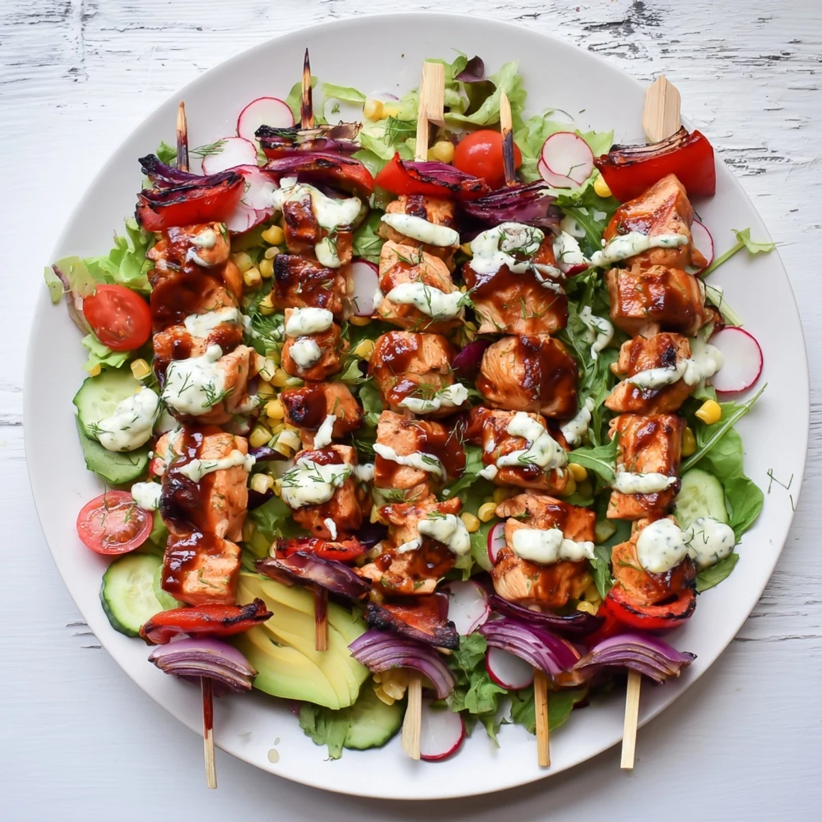 Colorful bowl of BBQ chicken skewer salad arranged with cherry tomatoes, cucumber, corn, and vibrant herby ranch