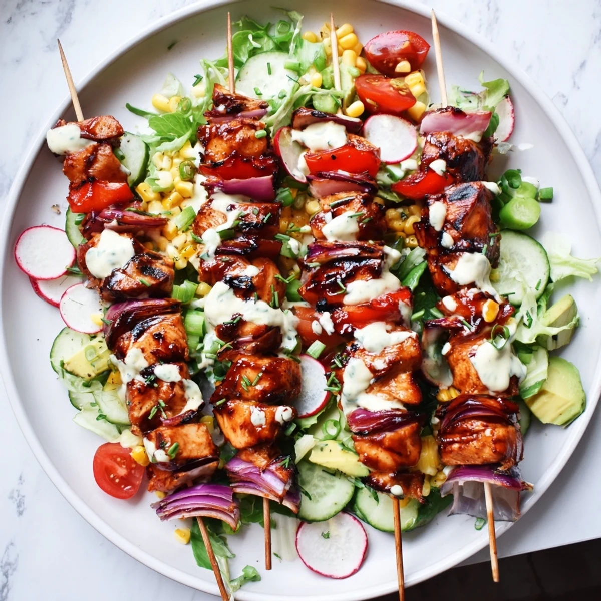 Grilled BBQ chicken skewer salad features tender meat, fresh veggies, avocado slices, and tangy homemade ranch