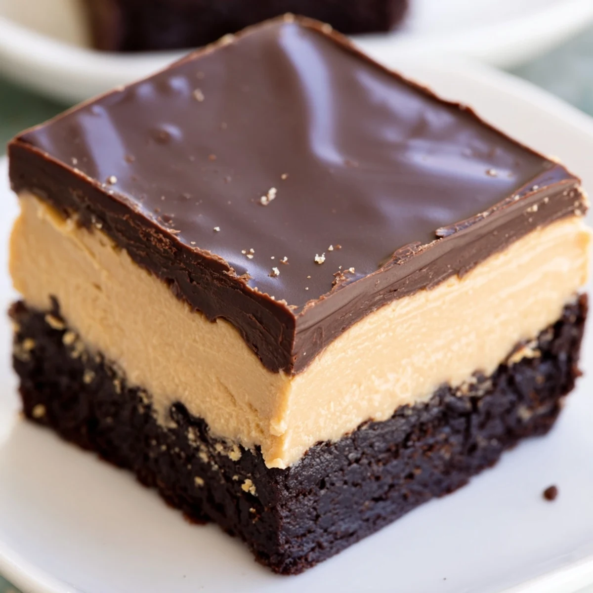 Decadent stacked peanut butter brownies slice revealing three irresistible dessert layers on white plate