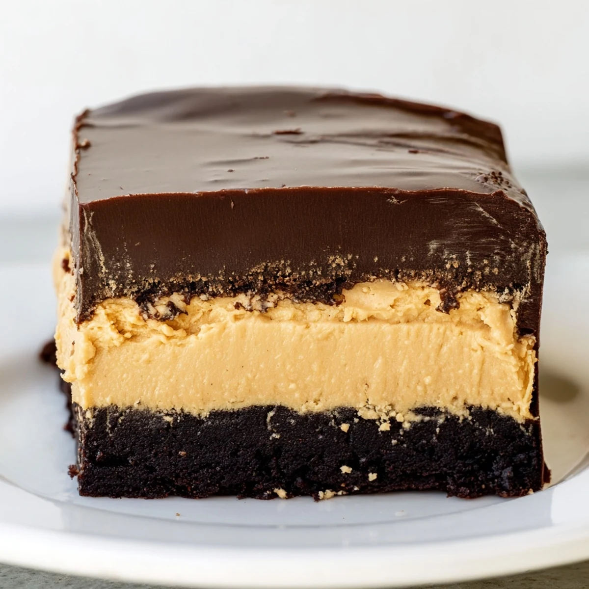 Homemade peanut butter brownies topped with smooth chocolate ganache and creamy peanut butter frosting