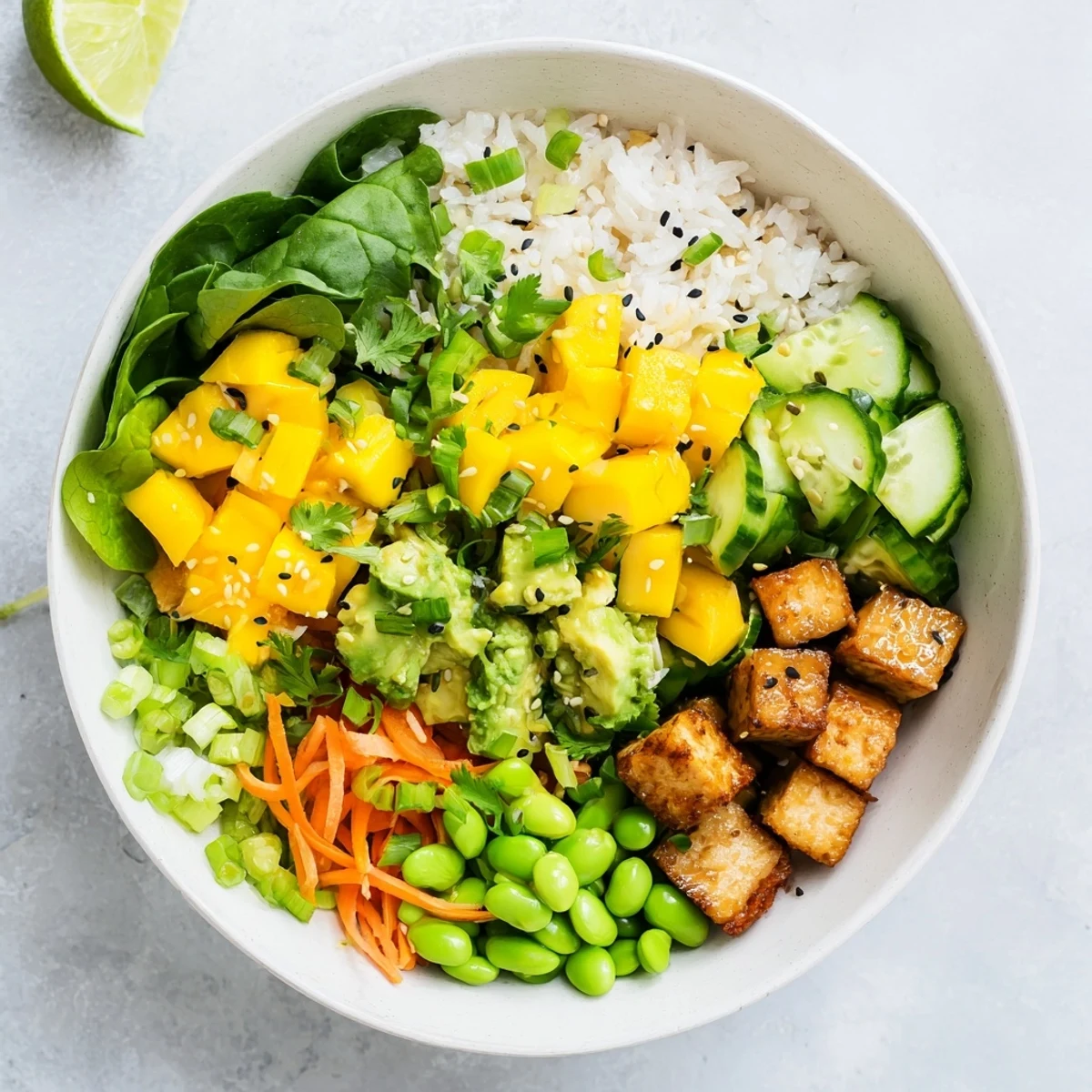 Fresh avocado mango poke salad arranged in serving bowls with cilantro, lime wedges, and colorful toppings