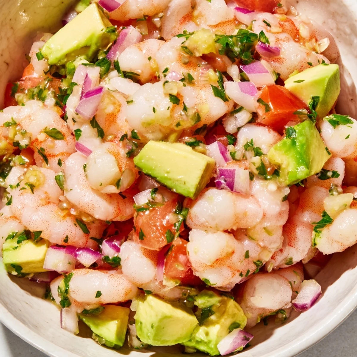 Fresh easy shrimp ceviche bowl with vibrant diced vegetables and zesty citrus marinade