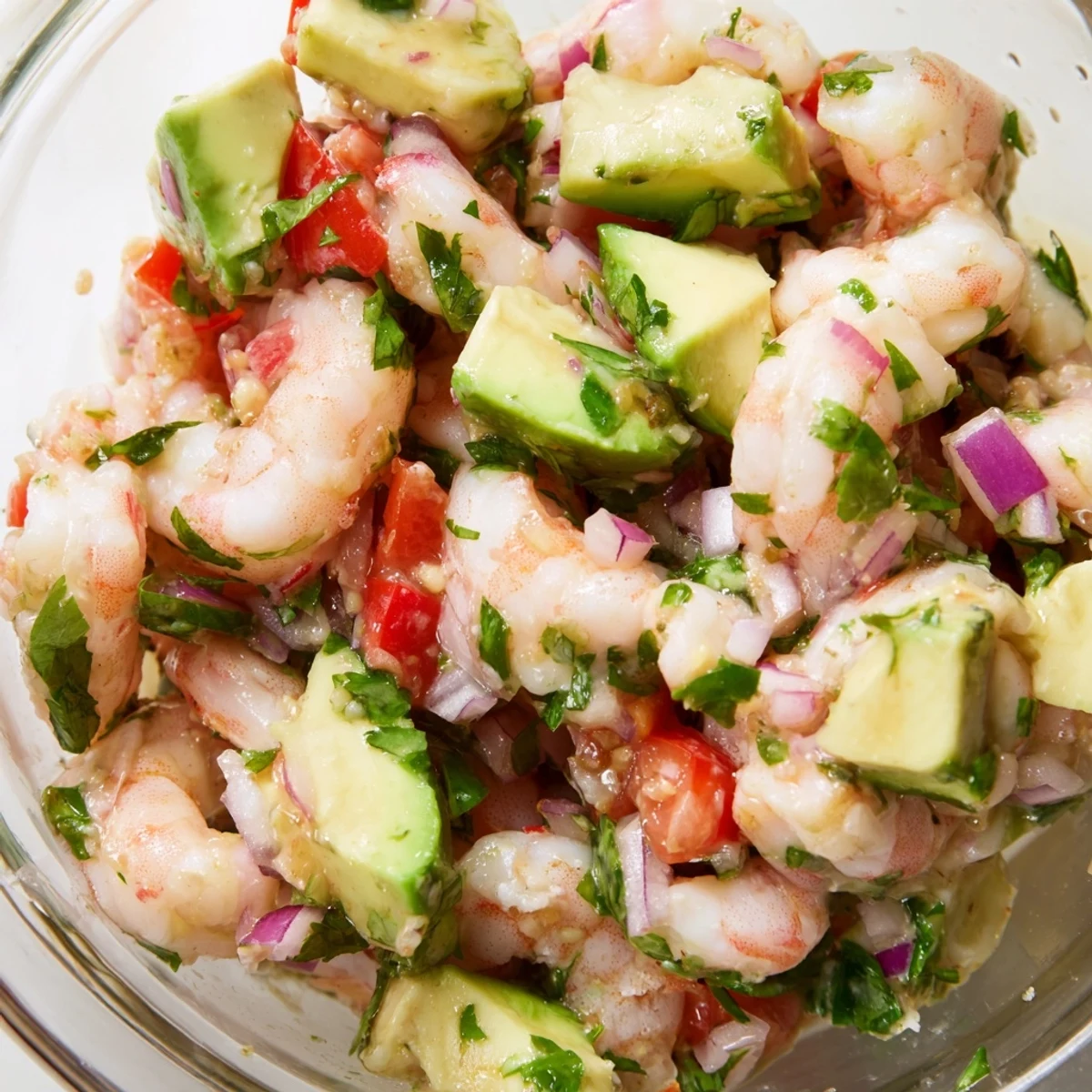 Glossy easy shrimp ceviche featuring tender shrimp, colorful tomatoes, red onion, and cilantro