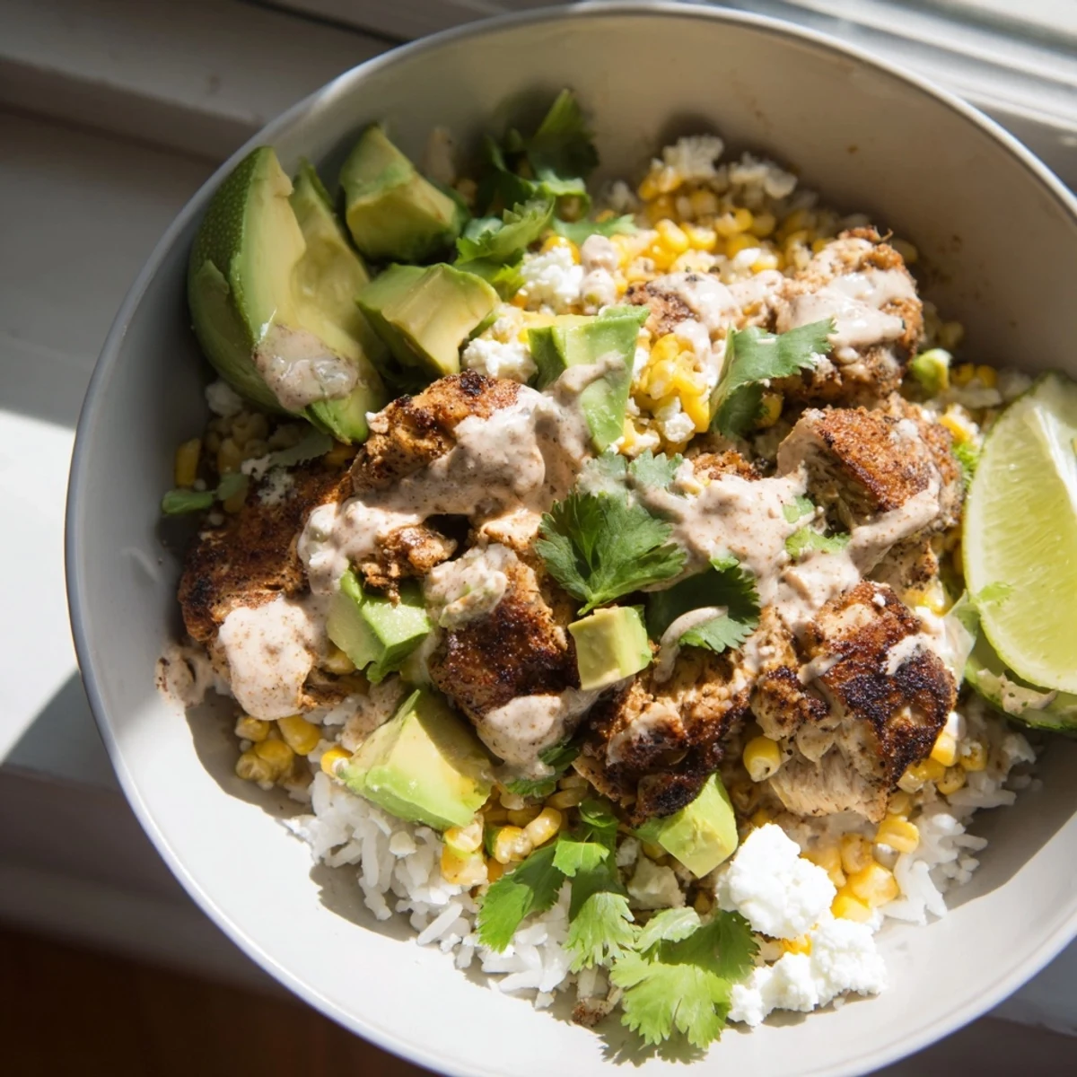 Street corn chicken rice bowl featuring grilled spiced chicken with charred corn and creamy cotija sauce