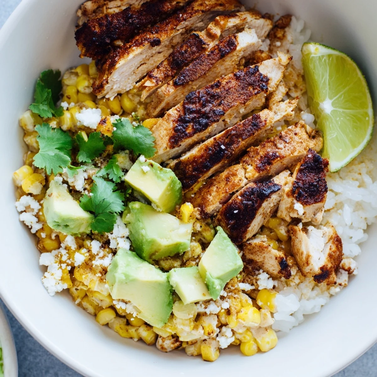 Colorful street corn chicken rice bowl topped with avocado, cilantro, and zesty lime wedges