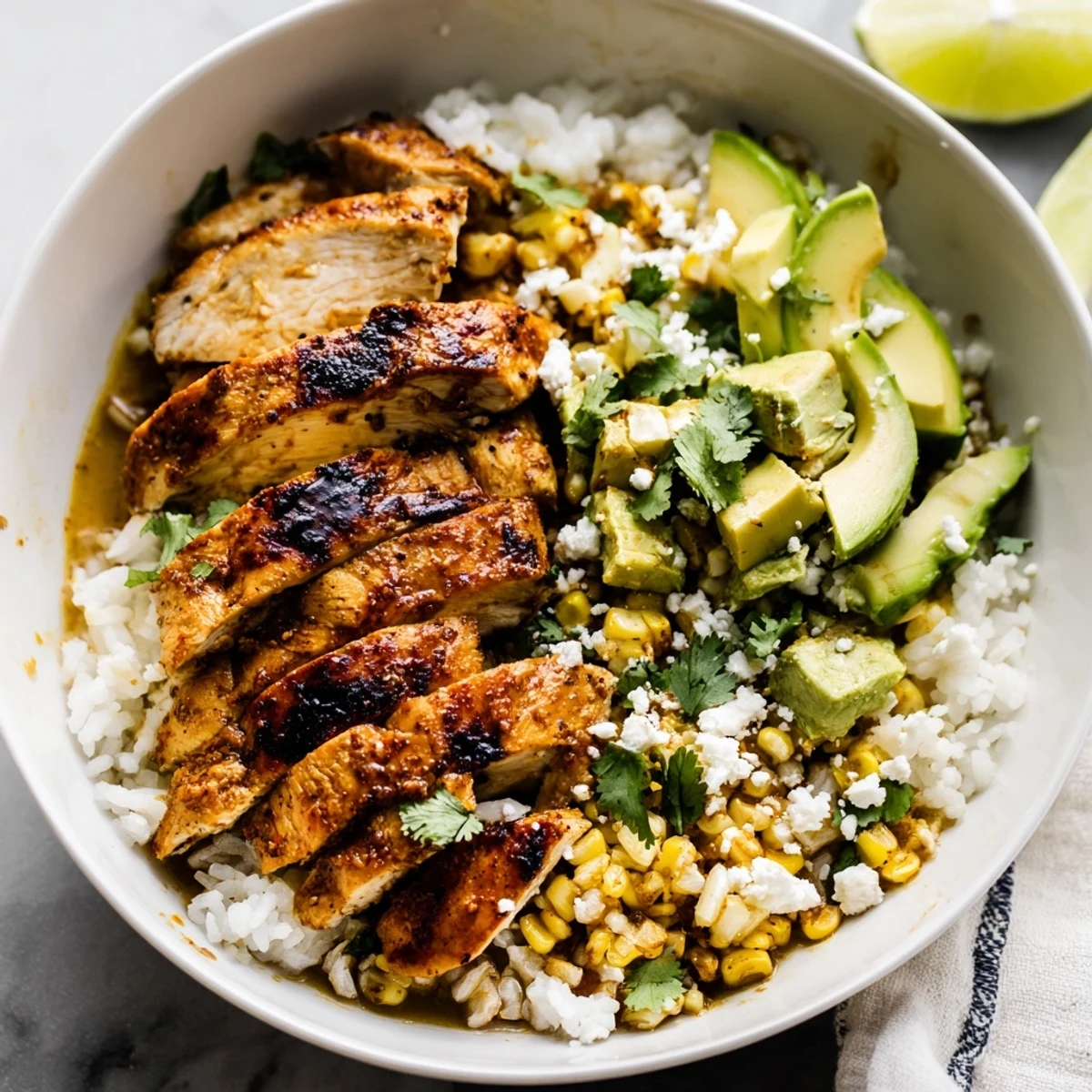 Hearty street corn chicken rice bowl showcasing juicy seasoned chicken over fluffy white rice
