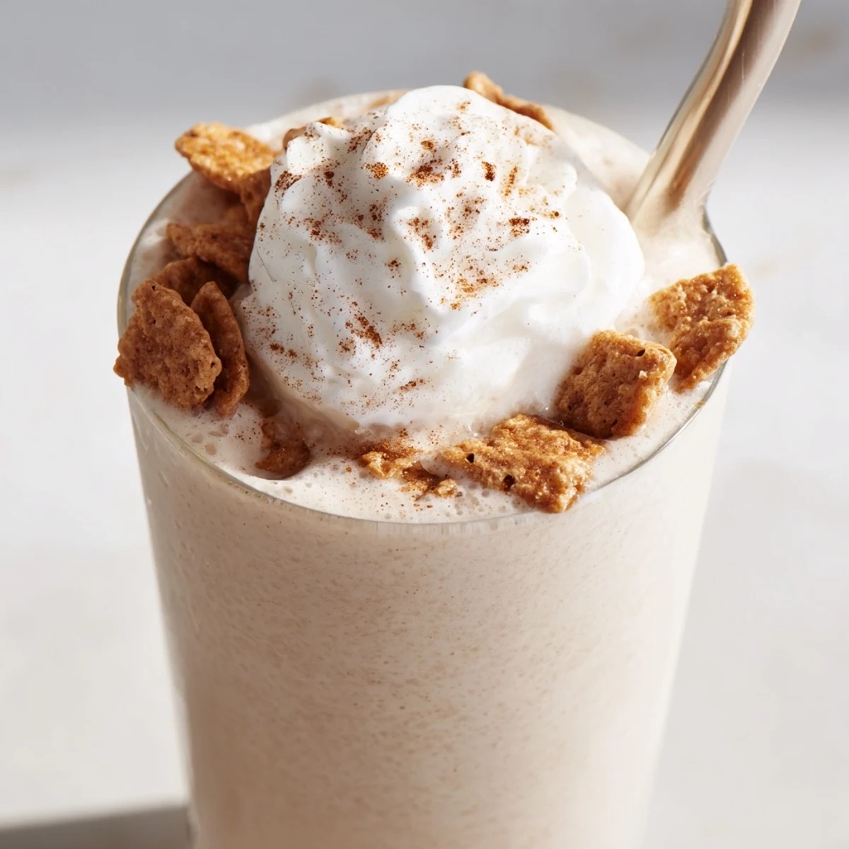 Frothy glass of Cinnamon Toast Crunch Frappe topped with whipped cream and cereal pieces