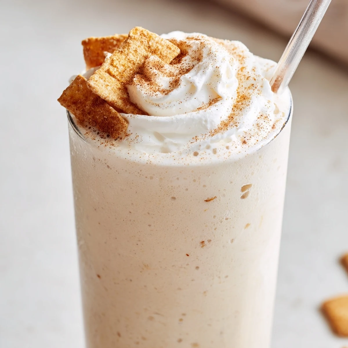 Thick blended coffee drink swirling with cinnamon sugar and crushed cereal in a tall glass