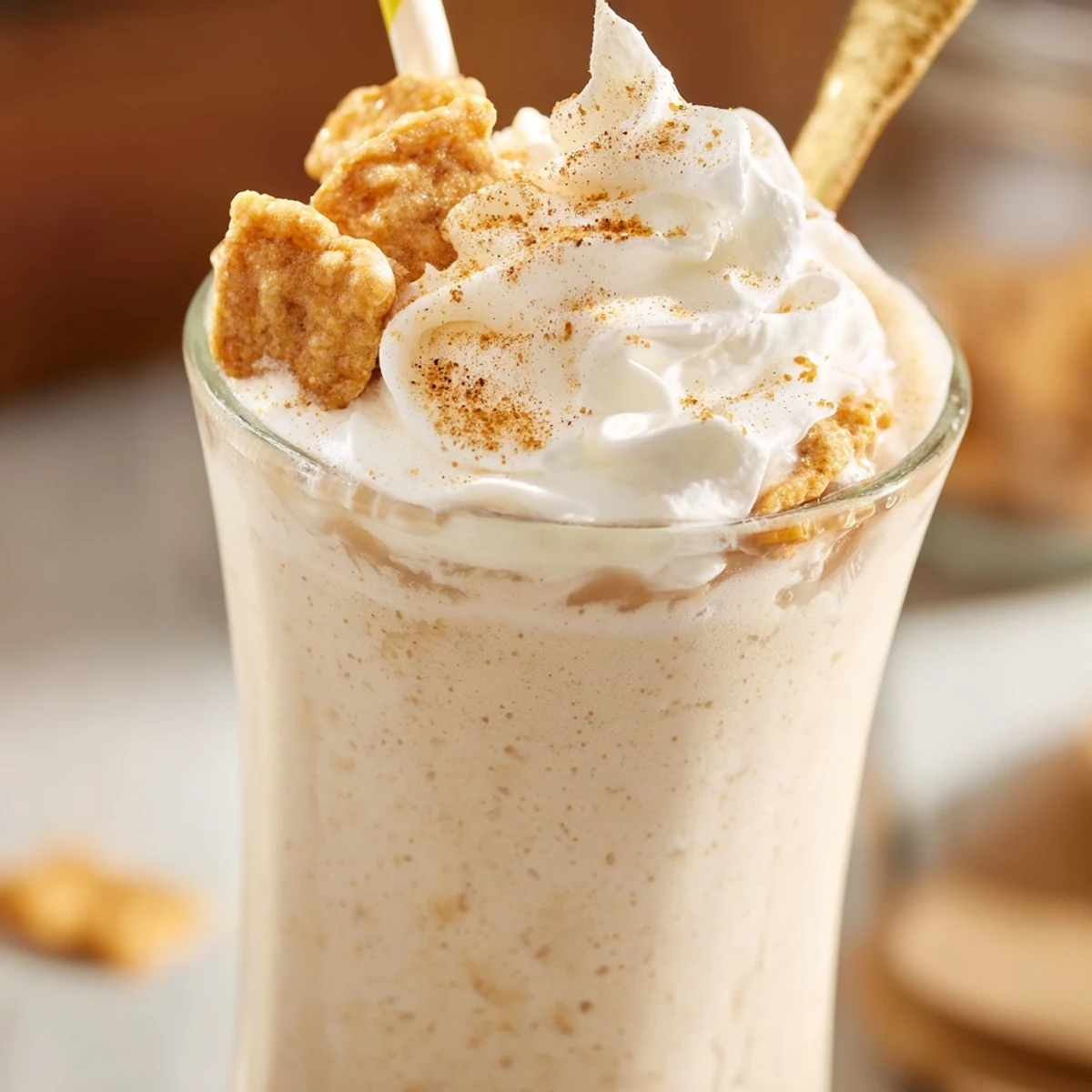 Creamy iced coffee frappe garnished with sweet cinnamon cereal and fluffy whipped cream topping
