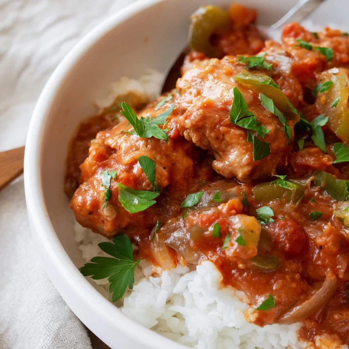 Golden chicken thighs simmered in rich tomato sauce with colorful vegetables over fluffy white rice