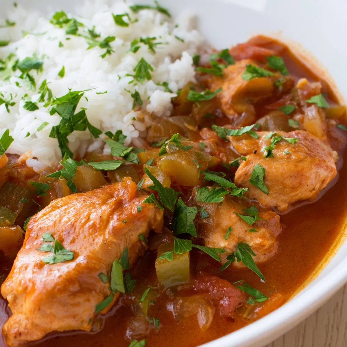 Comforting Louisiana chicken stew featuring tender meat in Creole-spiced broth garnished with fresh green parsley