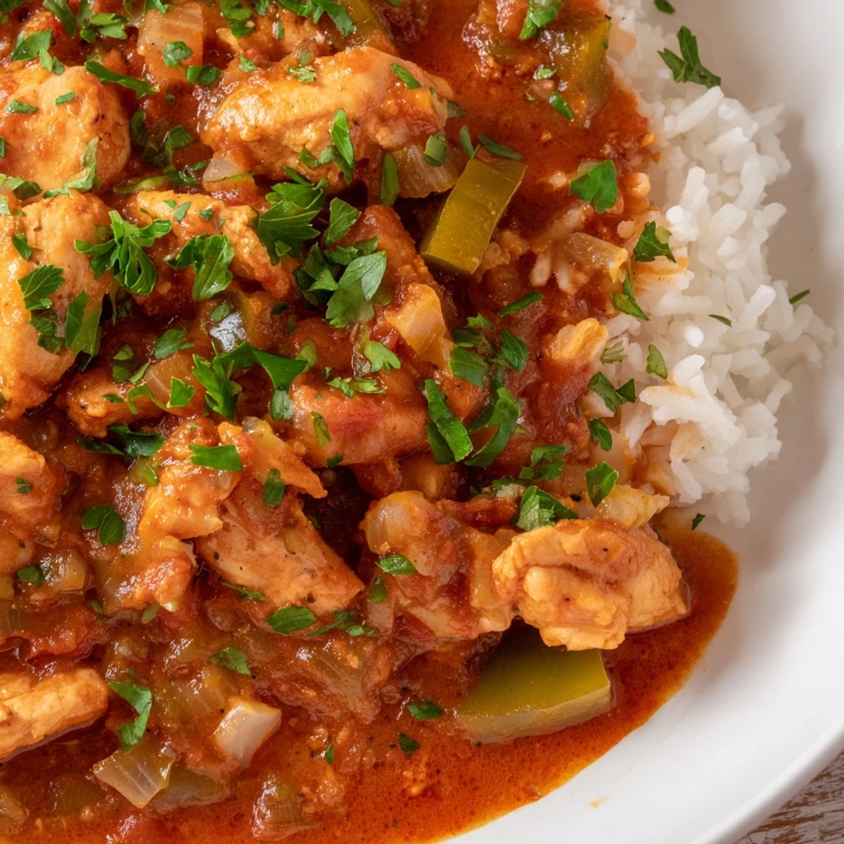 Savory Southern chicken and vegetables bubbling in a red sauce served in a rustic bowl