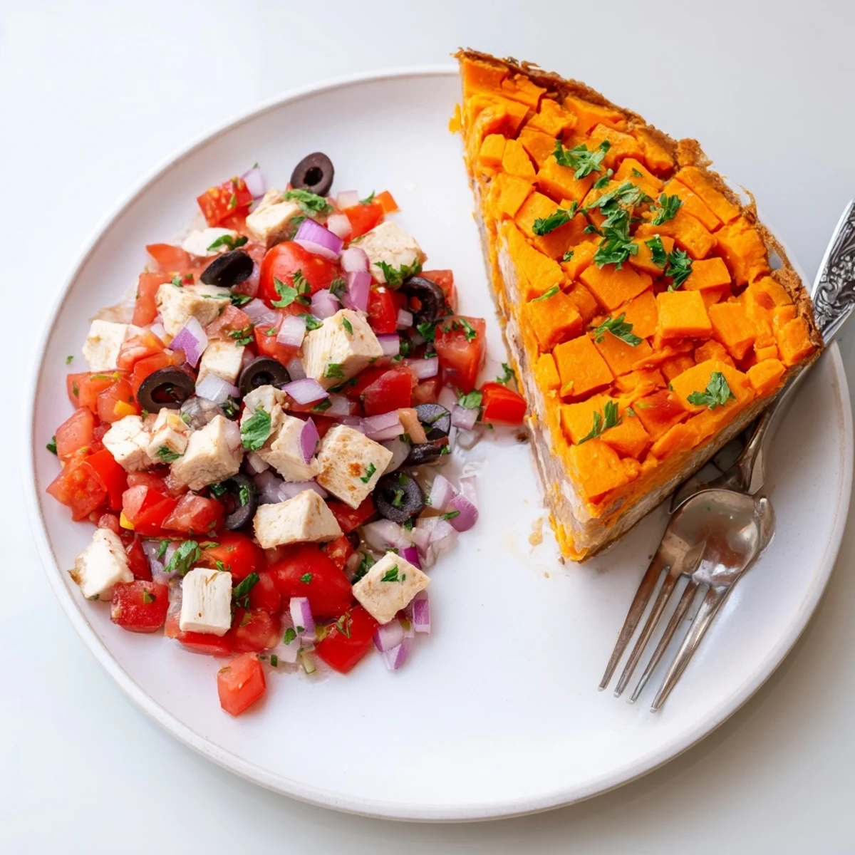 Golden brown sweet potato and chicken pie served with vibrant tomato olive salsa topping