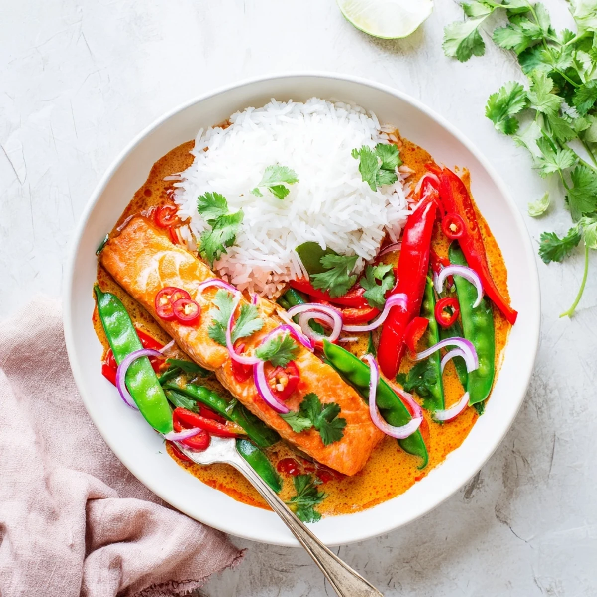 Golden red curry coconut salmon fillets simmered with vibrant bell peppers and snap peas in creamy sauce