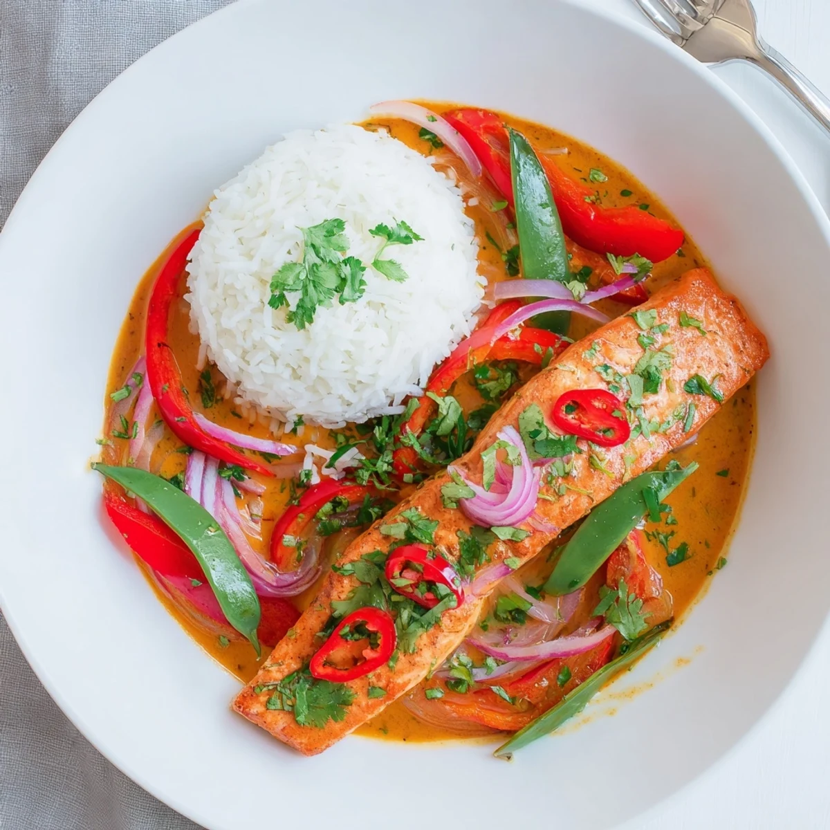 Flaky Thai red curry salmon swimming in rich coconut milk broth topped with fresh green coriander leaves