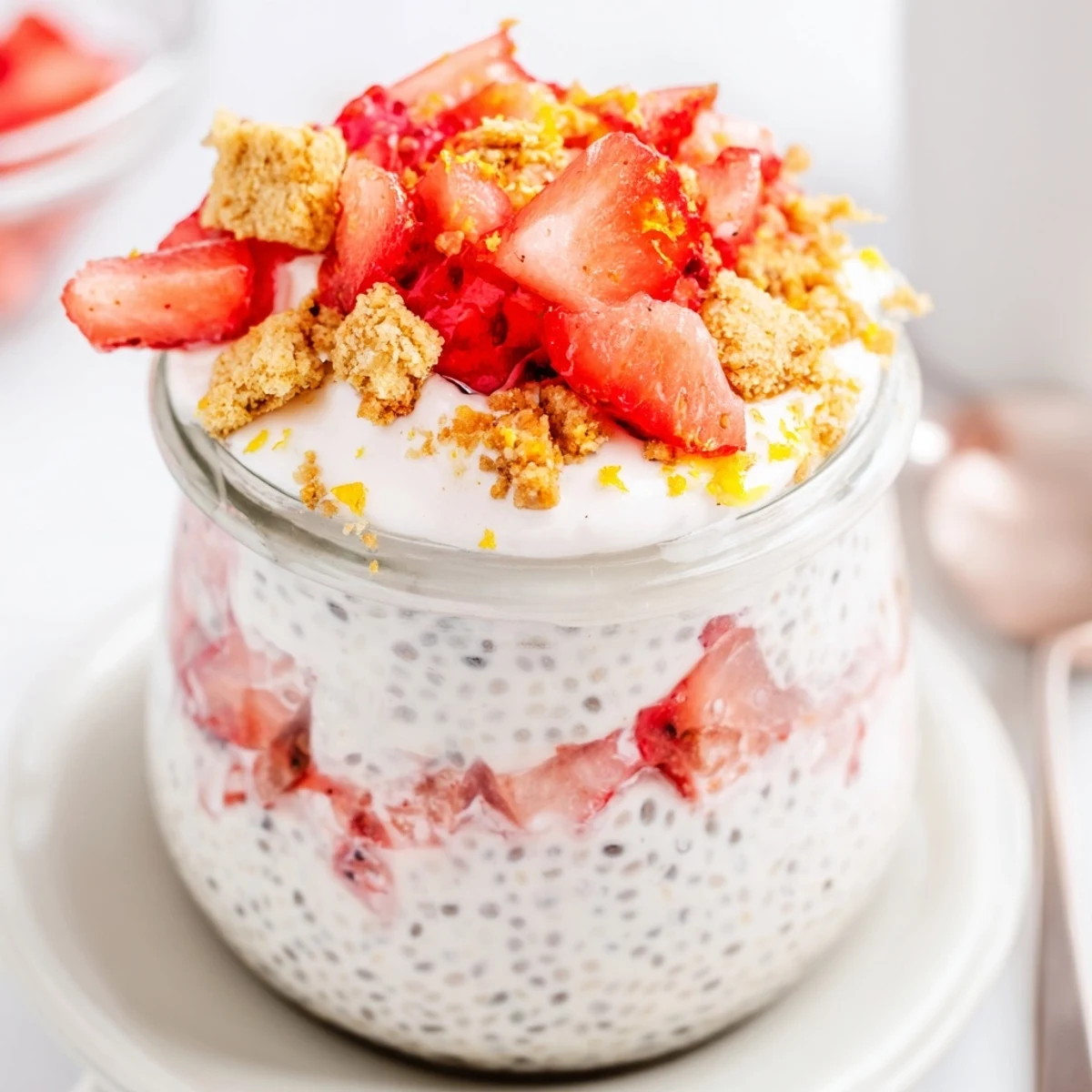 Layered glass jar showcasing creamy strawberry cheesecake chia pudding with fresh diced strawberries