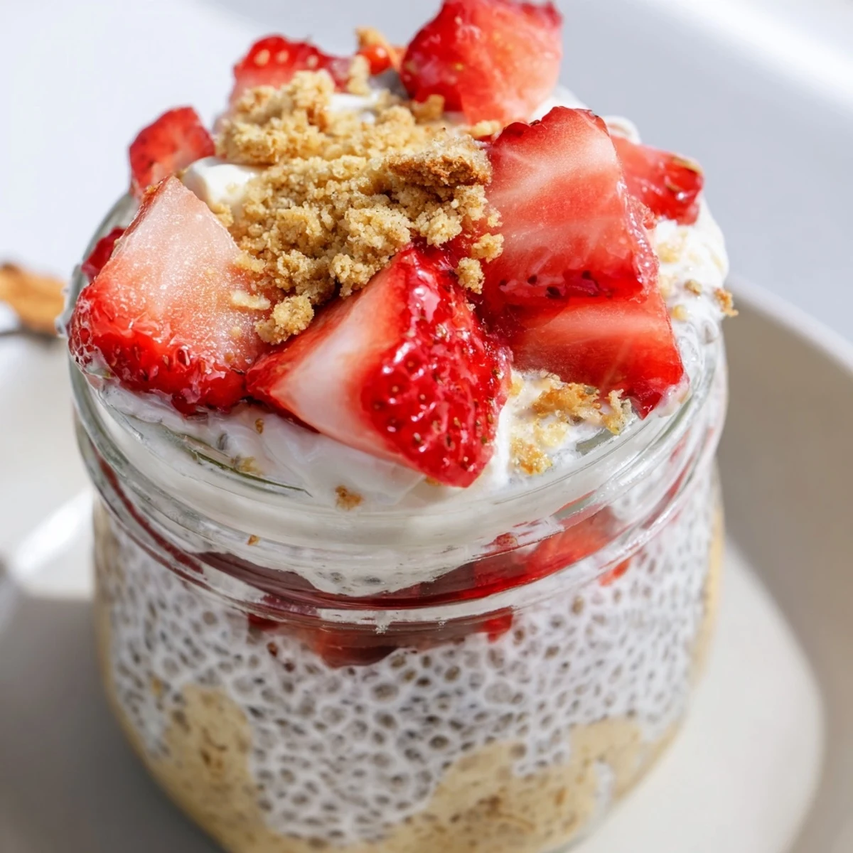 Wholesome strawberry cheesecake chia pudding parfait topped with mint leaves and graham cracker crumbs