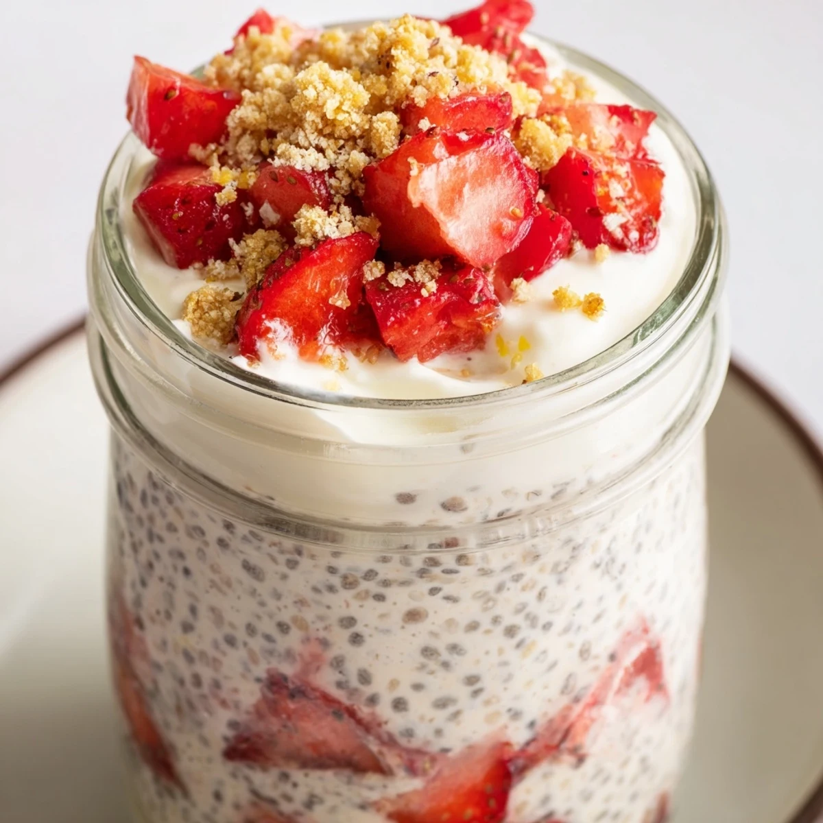 Creamy chia breakfast bowl swirled with tangy cheesecake filling and sweet strawberry compote