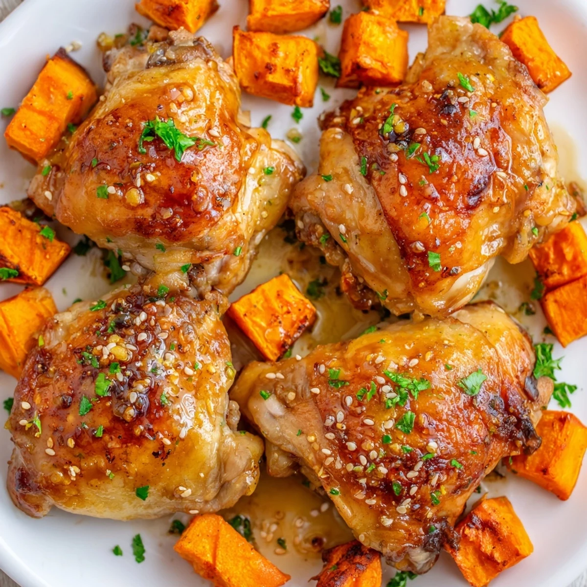 One-pan honey garlic chicken with roasted sweet potatoes fresh from the oven with parsley sprinkled on top