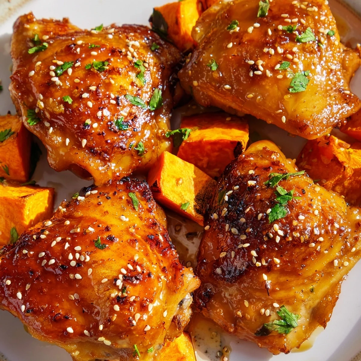 Tender glazed chicken resting beside crispy roasted sweet potatoes on a white baking sheet with sesame seed garnish