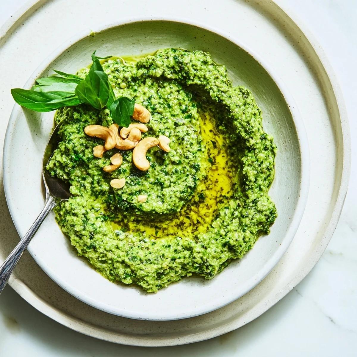 Emerald green Thai basil pesto swirled in a glass jar above scattered fresh cashews and lime wedges