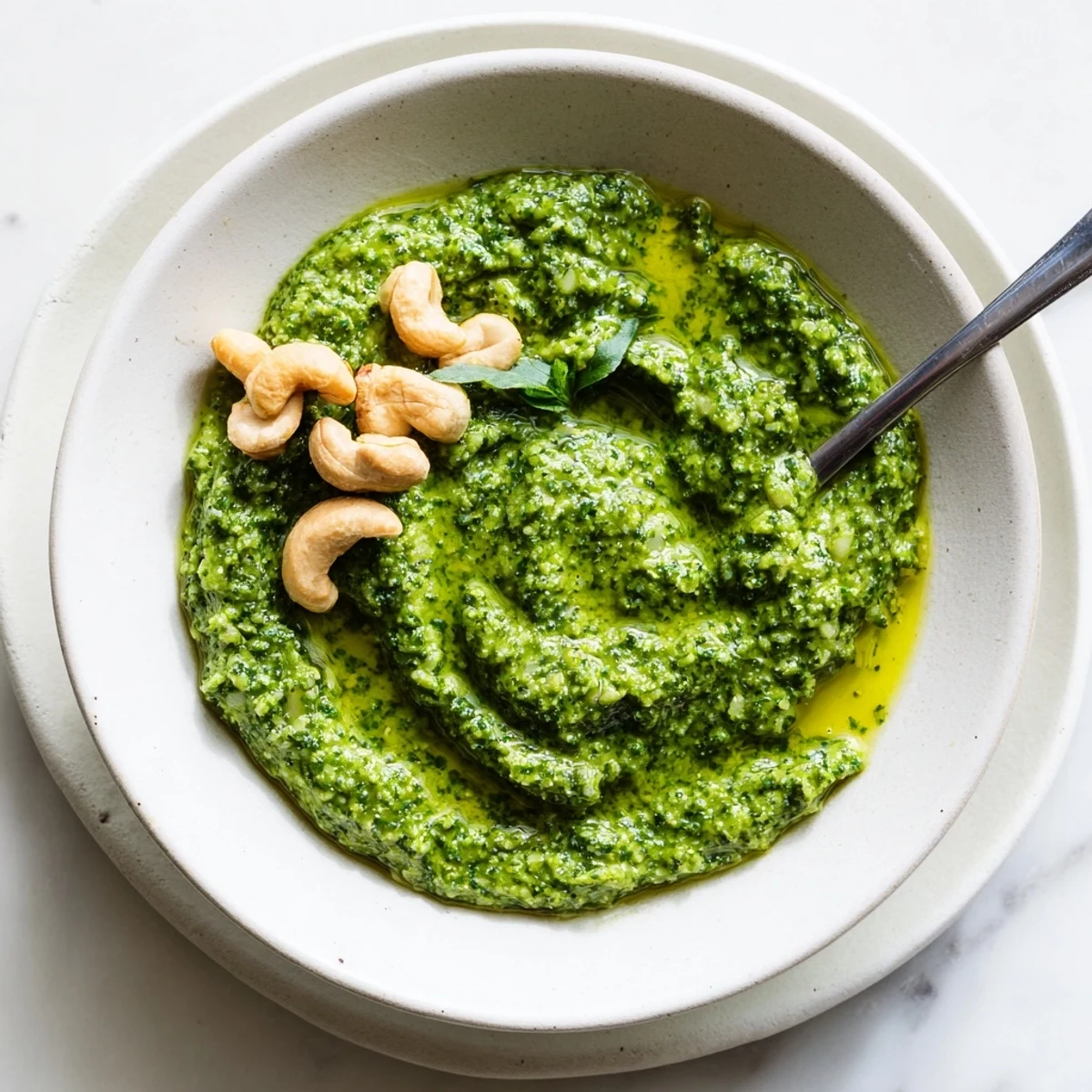Vibrant Thai basil pesto sauce drizzled over steaming rice noodles with fresh cilantro garnish on a white plate