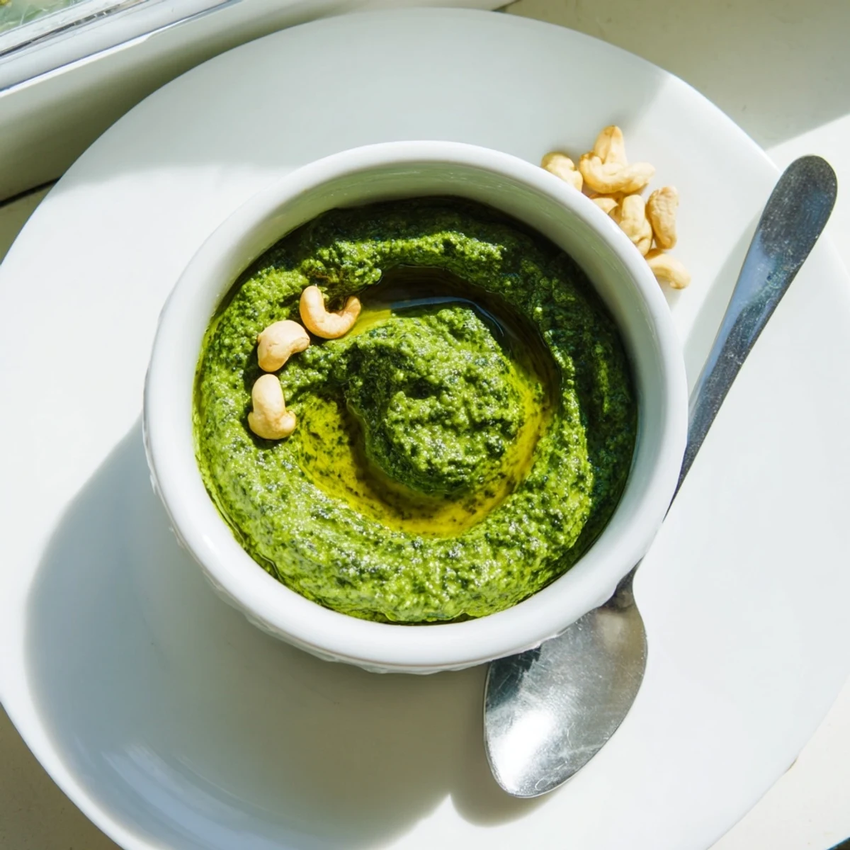 Close-up of thick Thai basil pesto being spooned from a wooden bowl with basil leaves scattered nearby