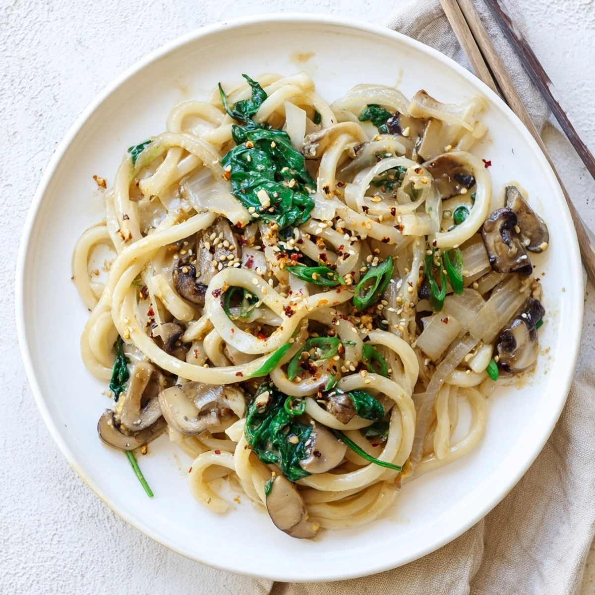Thick udon noodles coated in rich miso cream sauce with fresh spinach and sliced shiitake mushrooms in a deep bowl