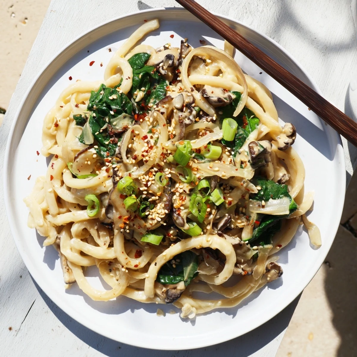 Steaming bowl of creamy miso udon noodles topped with green onions and sesame seeds for a comforting Japanese-inspired dinner
